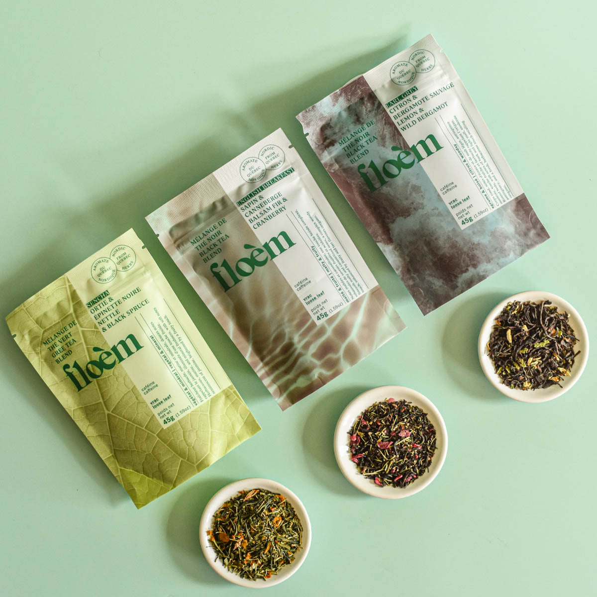 3 sacs de thés d'un ensemble assortis, avec aromates du Québec.