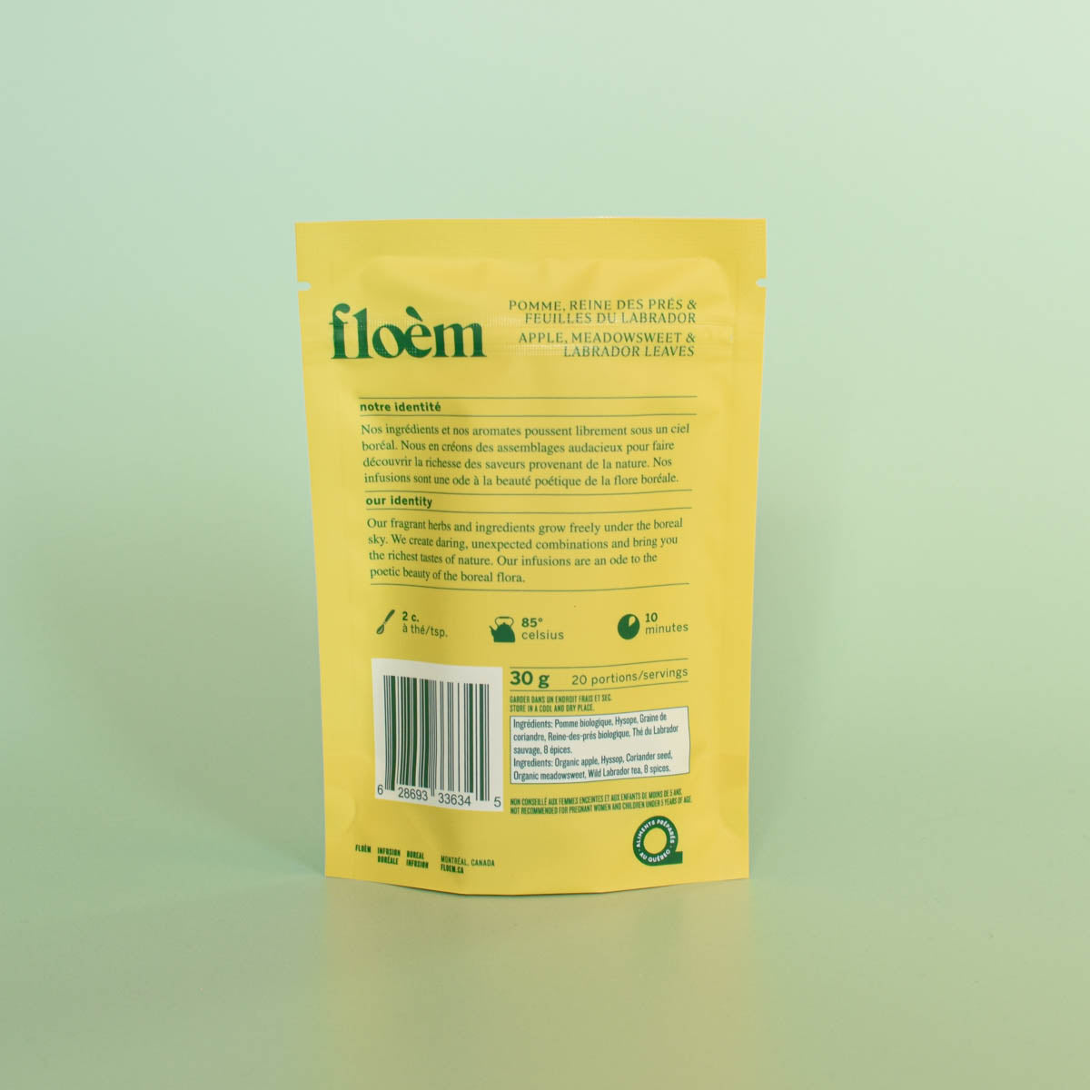 Arrière de l'emballage de tisane pomme & reine des prés.